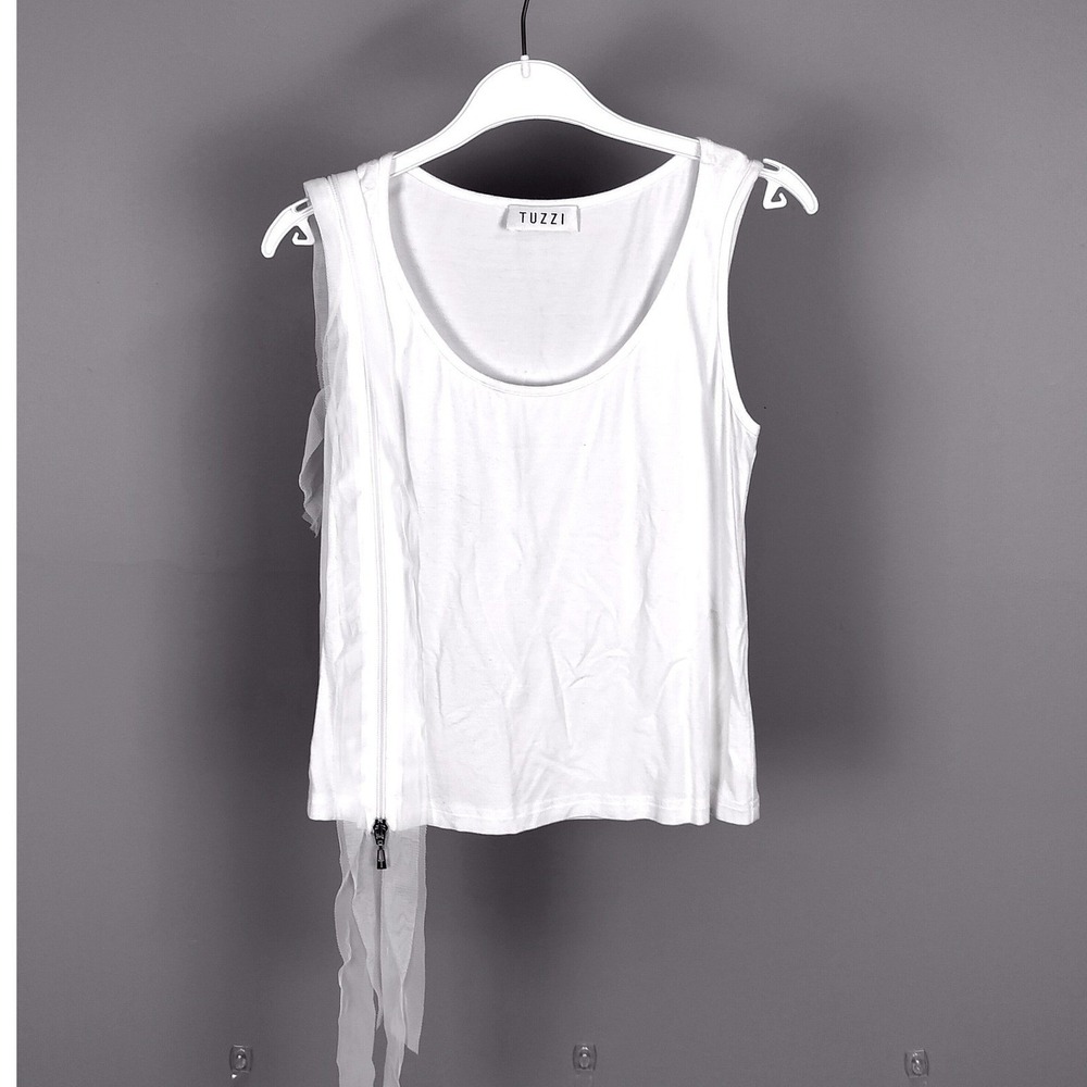 Tuzzi Zipper Mesh Detail‎ Tank Top White Sleeveless Scoop Neck Jersey